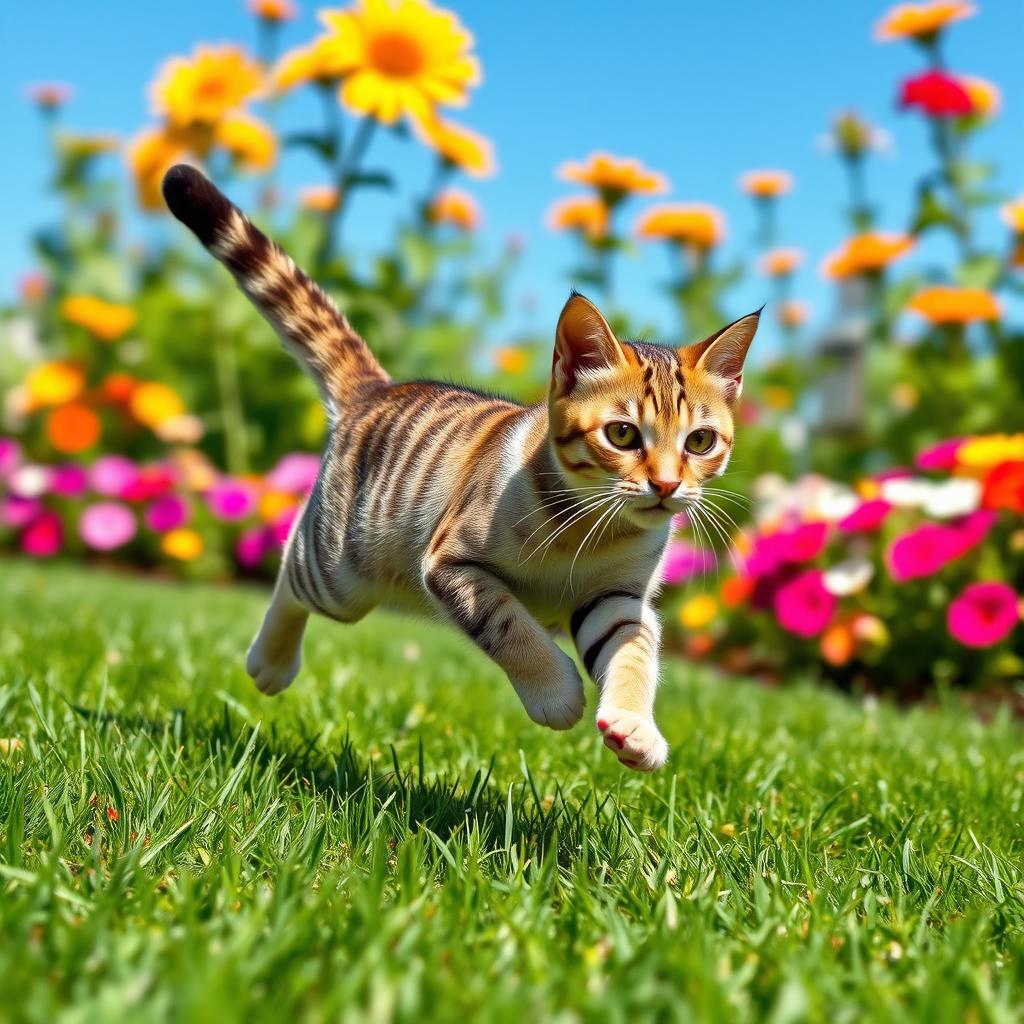 A dynamic scene of an agile cat sprinting across a lush green lawn, with its fur glistening in the sunlight