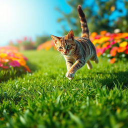 A dynamic scene of an agile cat sprinting across a lush green lawn, with its fur glistening in the sunlight