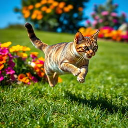 A dynamic scene of an agile cat sprinting across a lush green lawn, with its fur glistening in the sunlight