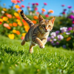 A dynamic scene of an agile cat sprinting across a lush green lawn, with its fur glistening in the sunlight