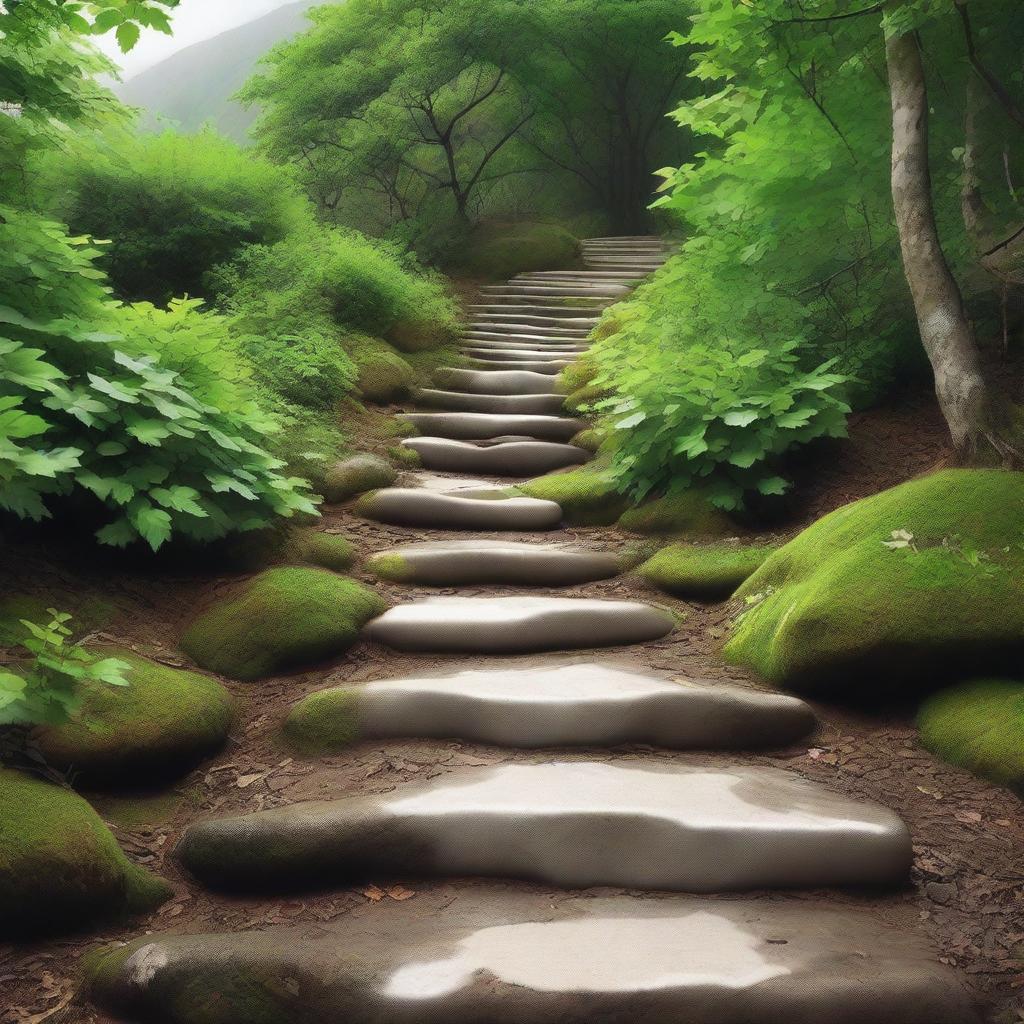 A high-quality, realistic photograph showcasing a series of steps, each distinct from the other, descending down a mountain trail