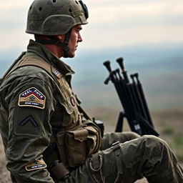 A soldier sitting calmly, facing forward, wearing a detailed tactical uniform with ornate camouflage patterns