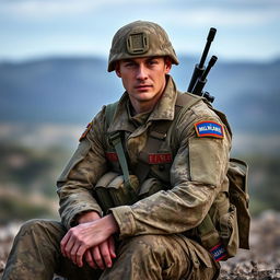 A soldier sitting calmly, facing forward, wearing a detailed tactical uniform with ornate camouflage patterns