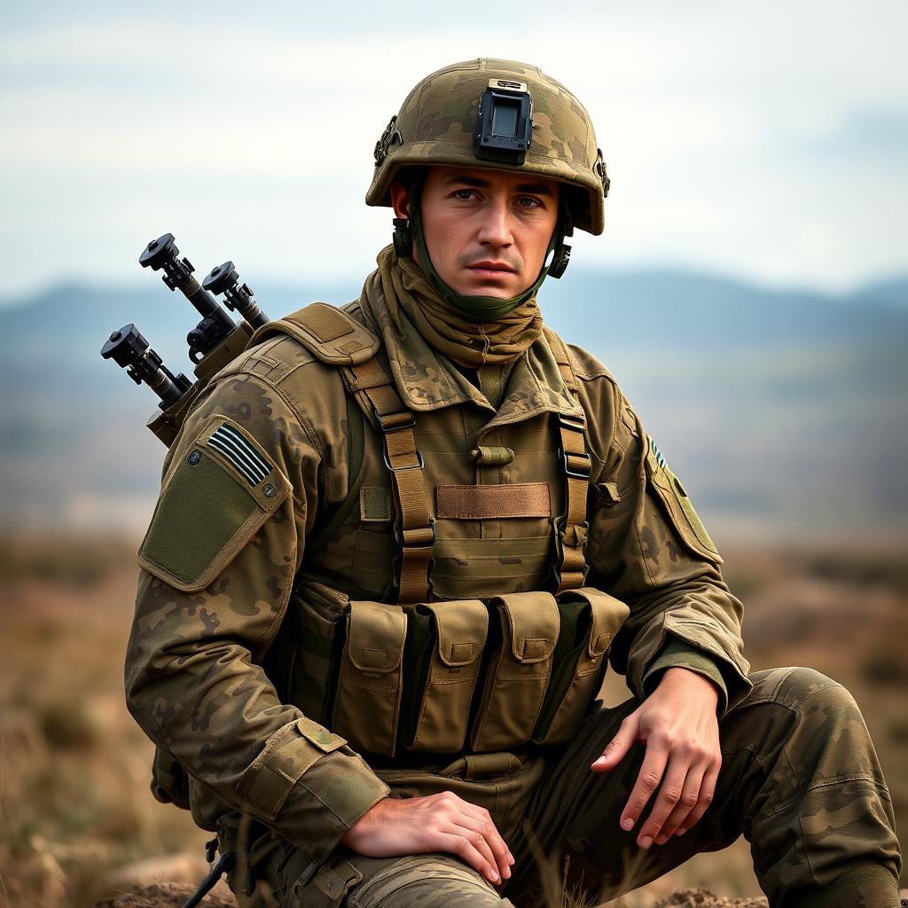 A soldier sitting calmly, facing forward, wearing a detailed tactical uniform with ornate camouflage patterns