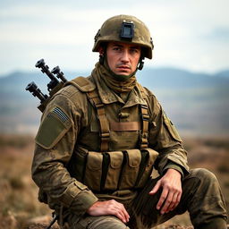 A soldier sitting calmly, facing forward, wearing a detailed tactical uniform with ornate camouflage patterns