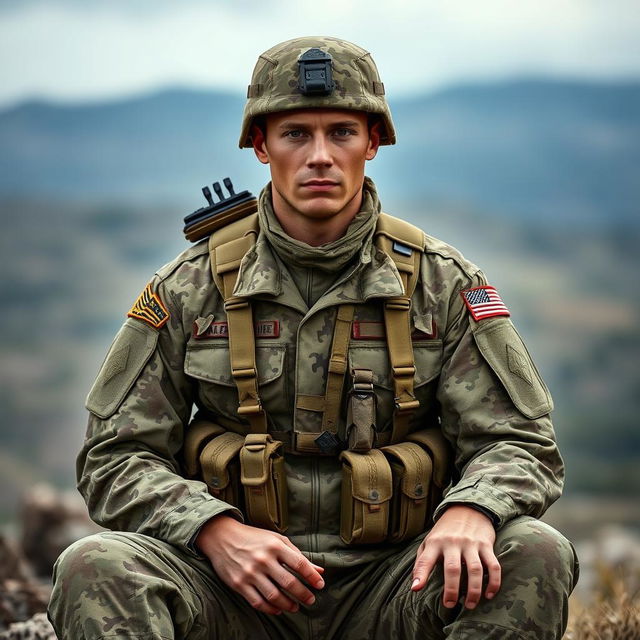 A soldier sitting calmly, facing forward, wearing a detailed tactical uniform with ornate camouflage patterns