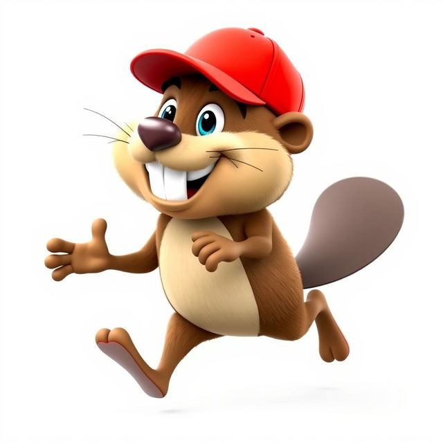 A 3D cartoon of a funny and hilarious beaver running on two legs, wearing a bright red baseball cap