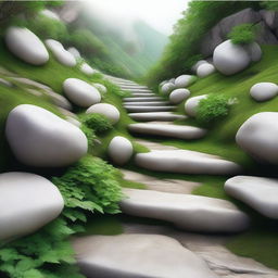 A high-quality, realistic photograph showcasing a series of steps, each distinct from the other, descending down a mountain trail