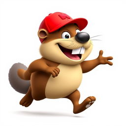 A 3D cartoon of a funny and hilarious beaver running on two legs, wearing a bright red baseball cap