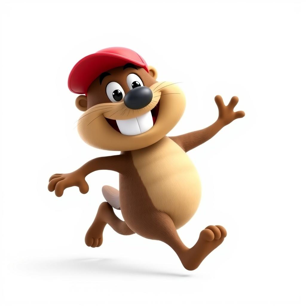 A 3D cartoon of a funny and hilarious beaver running on two legs, wearing a bright red baseball cap