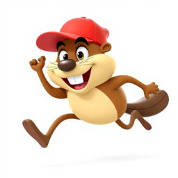 A 3D cartoon of a funny and hilarious beaver running on two legs, wearing a bright red baseball cap