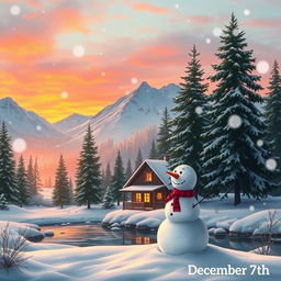 A winter scene on December 7th, showcasing softly falling snowflakes in a serene landscape