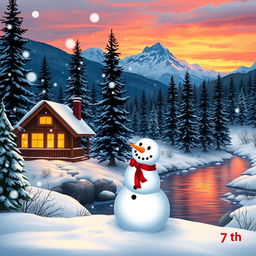 A winter scene on December 7th, showcasing softly falling snowflakes in a serene landscape