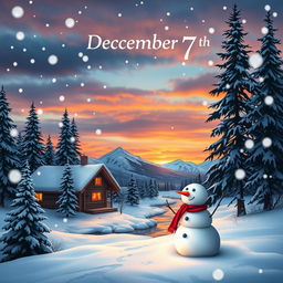 A winter scene on December 7th, showcasing softly falling snowflakes in a serene landscape