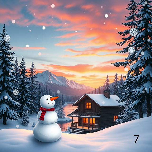 A winter scene on December 7th, showcasing softly falling snowflakes in a serene landscape