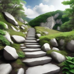 A high-quality, realistic photograph showcasing a series of steps, each distinct from the other, descending down a mountain trail