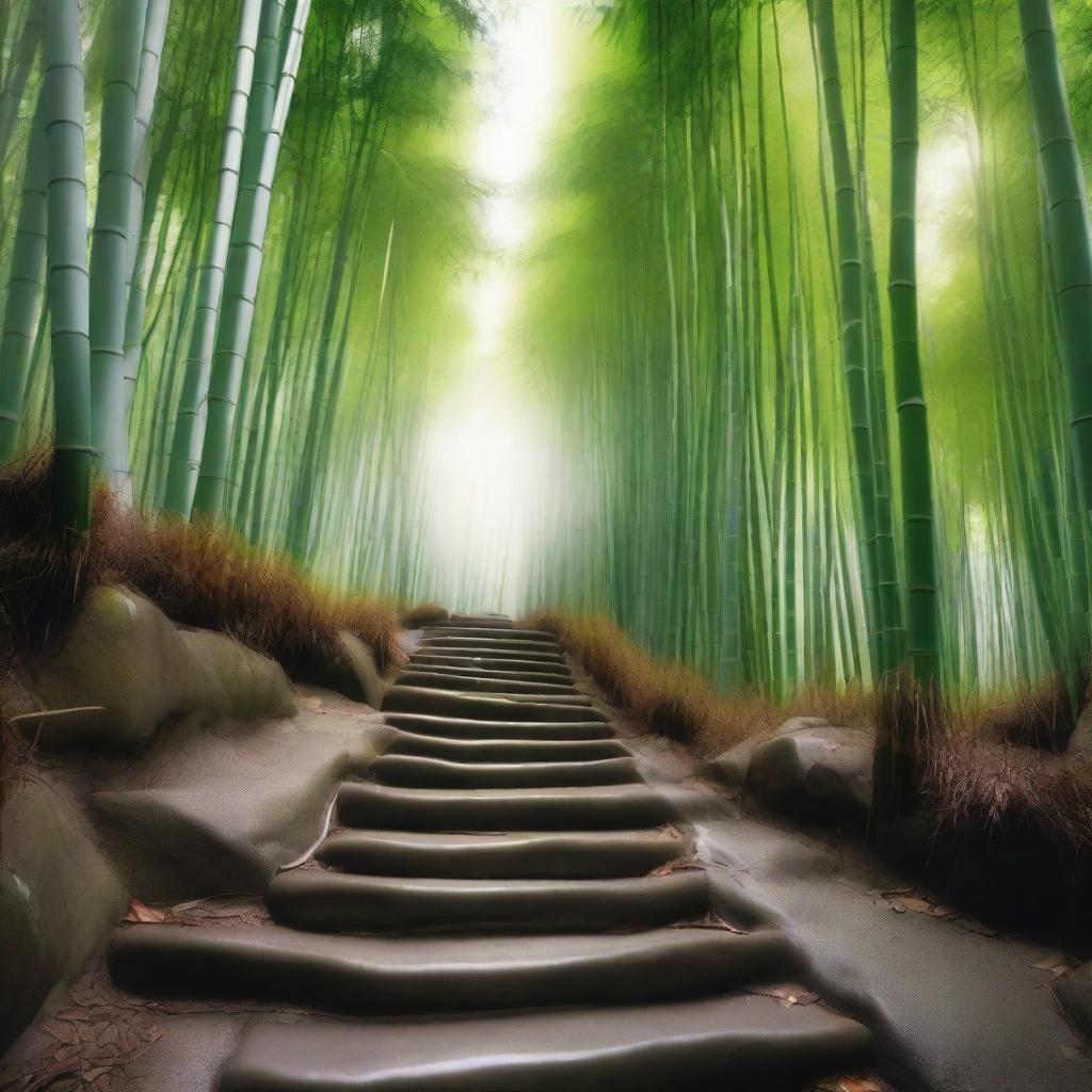 A realistic, high-quality photograph displaying a stepped path of distinct white stone blocks, leading down a mountain trail