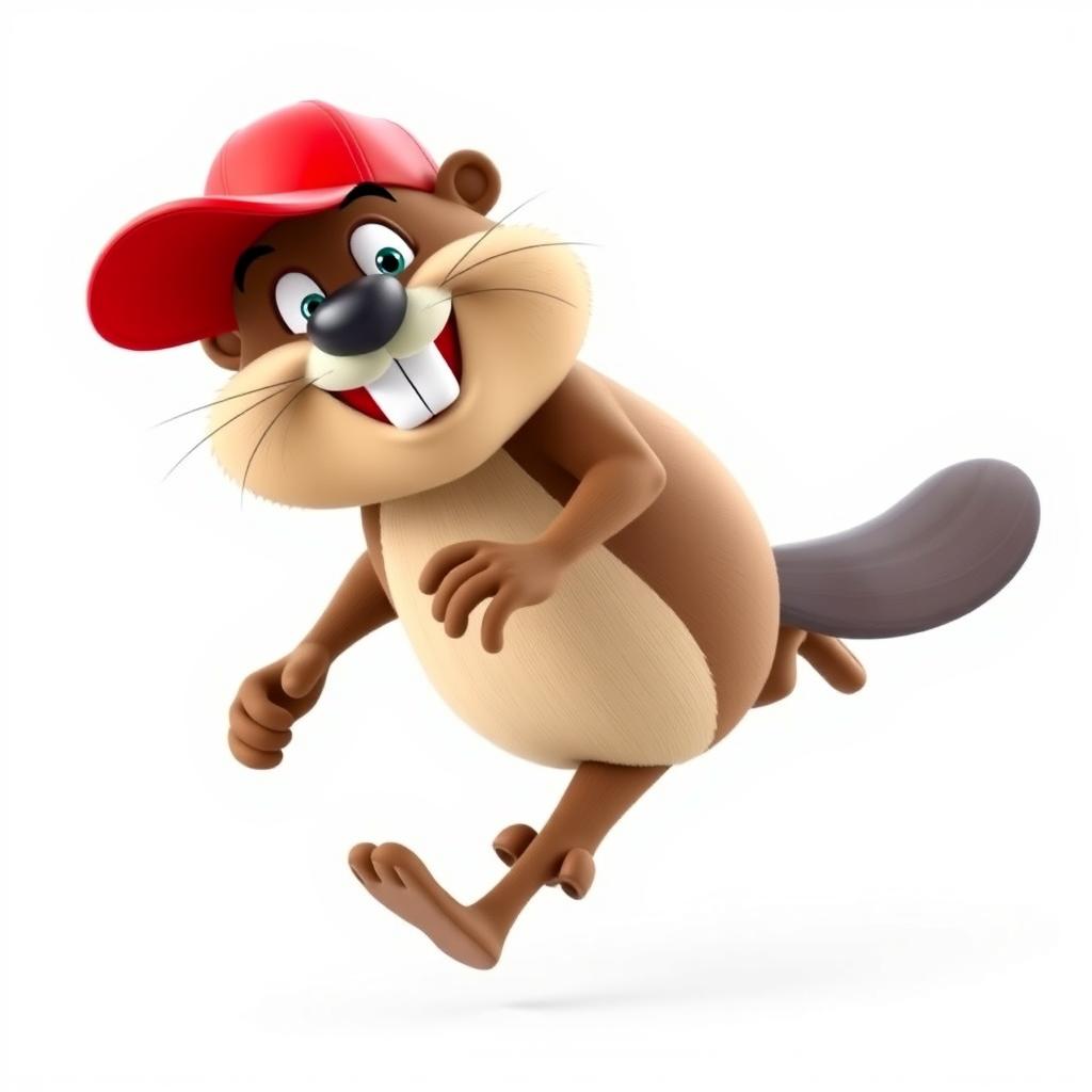 A 3D cartoon of a funny and hilarious beaver running on two legs, wearing a bright red baseball cap