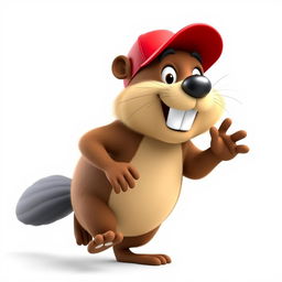 A 3D cartoon of a funny and hilarious beaver running on two legs, wearing a bright red baseball cap