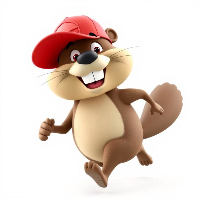 A 3D cartoon of a funny and hilarious beaver running on two legs, wearing a bright red baseball cap