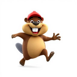 A 3D cartoon of a funny and hilarious beaver running on two legs, wearing a bright red baseball cap