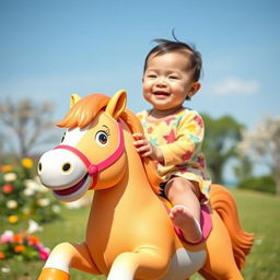 A cute baby comfortably seated on a playful, cartoonish horse, smiling joyfully