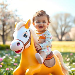 A cute baby comfortably seated on a playful, cartoonish horse, smiling joyfully