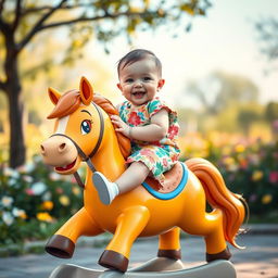 A cute baby comfortably seated on a playful, cartoonish horse, smiling joyfully
