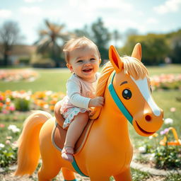 A cute baby comfortably seated on a playful, cartoonish horse, smiling joyfully