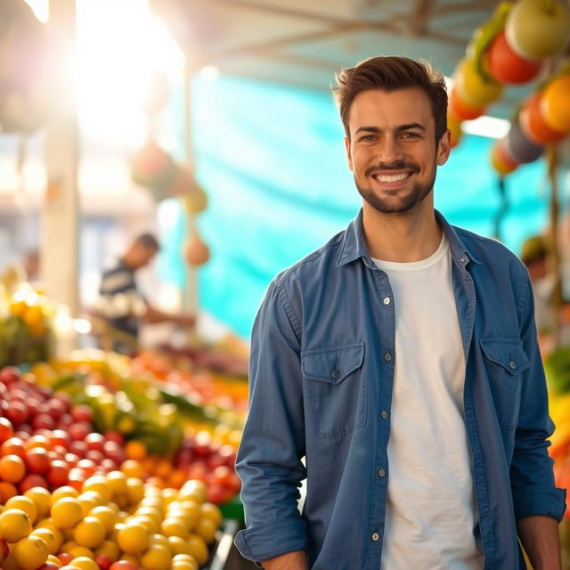 A man wearing a blue shirt and a white undershirt, standing in a vibrant fruit and vegetable market