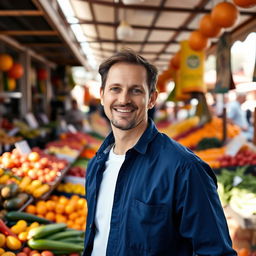 A man wearing a blue shirt and a white undershirt, standing in a vibrant fruit and vegetable market