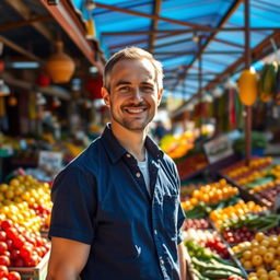 A man wearing a blue shirt and a white undershirt, standing in a vibrant fruit and vegetable market