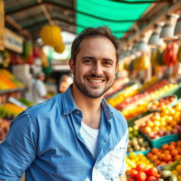 A man wearing a blue shirt and a white undershirt, standing in a vibrant fruit and vegetable market