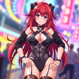 A sexy anime girl with vibrant red hair, styled in long flowing locks, and large breasts, wearing a revealing and alluring outfit that accentuates her curves