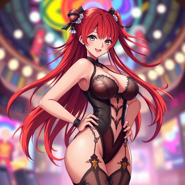 A sexy anime girl with vibrant red hair, styled in long flowing locks, and large breasts, wearing a revealing and alluring outfit that accentuates her curves