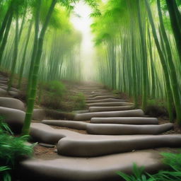 A realistic, high-quality photograph displaying a stepped path of distinct white stone blocks, leading down a mountain trail