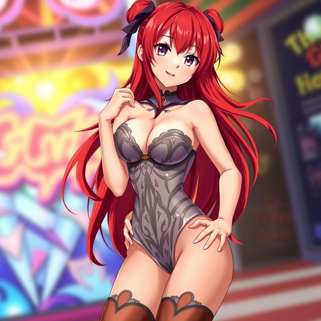 A sexy anime girl with vibrant red hair, styled in long flowing locks, and large breasts, wearing a revealing and alluring outfit that accentuates her curves