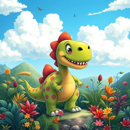 A whimsical and imaginative scene depicting a dinosaur that symbolizes transformation or change