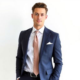 A stylish man wearing a well-fitted suit in a contemporary design, standing against a clean, white background