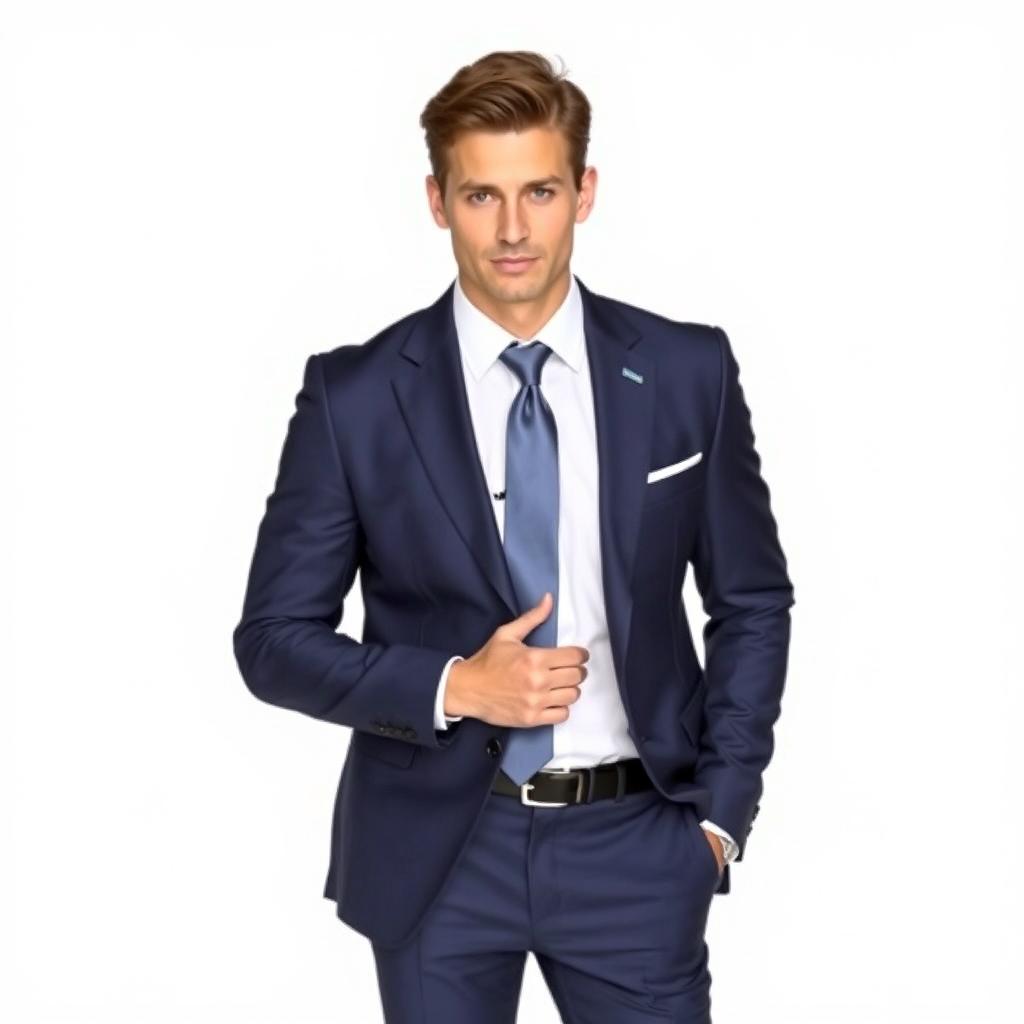 A stylish man wearing a well-fitted suit in a contemporary design, standing against a clean, white background