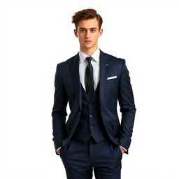 A stylish man wearing a well-fitted suit in a contemporary design, standing against a clean, white background