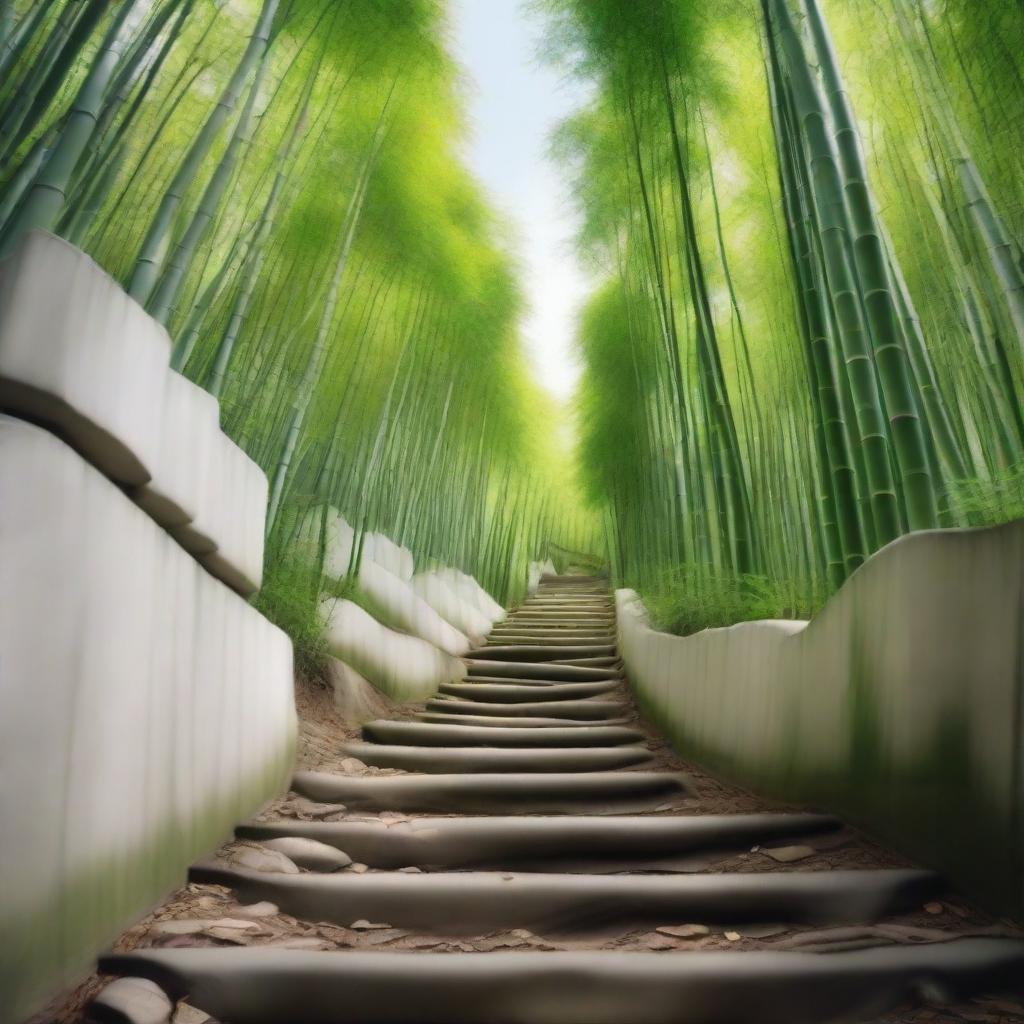 A first-person perspective photograph of the highest quality, realistically depicting a stepped path of individual white stone blocks descending down a mountain trail