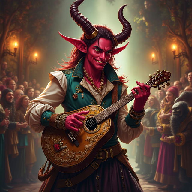 An enchanting tiefling bard inspired by Jack Black, with vibrant red skin, large curved horns, and a charismatic mischievous grin