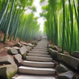 A first-person perspective photograph of the highest quality, realistically depicting a stepped path of individual white stone blocks descending down a mountain trail