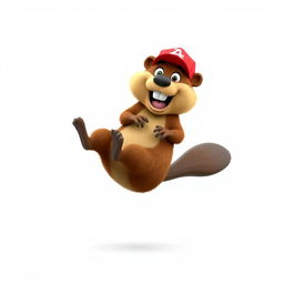 A 3D cartoon of a funny and hilarious beaver jumping into the air, using both legs, with a big smile on its face