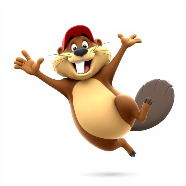 A 3D cartoon of a funny and hilarious beaver jumping into the air, using both legs, with a big smile on its face