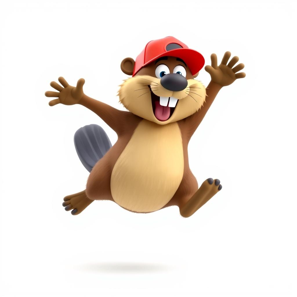 A 3D cartoon of a funny and hilarious beaver jumping into the air, using both legs, with a big smile on its face