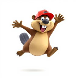 A 3D cartoon of a funny and hilarious beaver jumping into the air, using both legs, with a big smile on its face