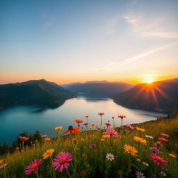 A beautiful scenic landscape featuring a serene lake surrounded by lush green mountains