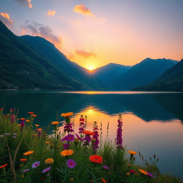 A beautiful scenic landscape featuring a serene lake surrounded by lush green mountains